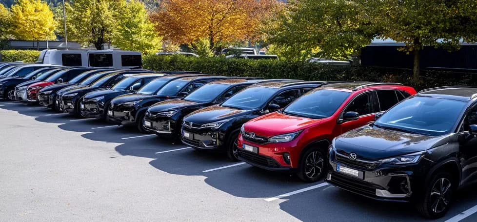 A row of vehicles lined up in a fleet parking bay